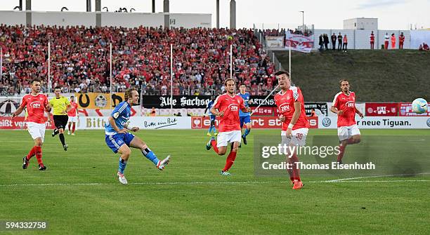 Alen Halilovic of Hamburg scores his team's opening goal during the DFB Cup match between FSV Zwickau and Hamburger SV at Stadion Zwickau on August...