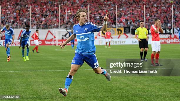 Alen Halilovic of Hamburg celebrates after scoring 1:0 during the DFB Cup match between FSV Zwickau and Hamburger SV at Stadion Zwickau on August 22,...