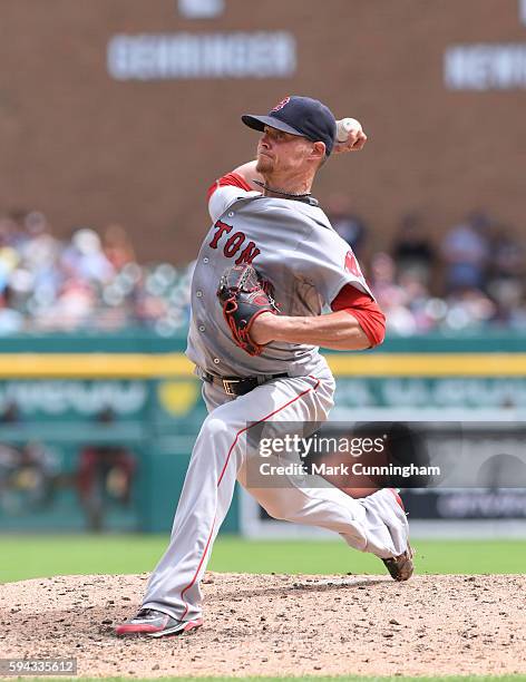 Clay Buchholz of the Boston Red Sox pitches during the game against the Detroit Tigers at Comerica Park on August 18, 2016 in Detroit, Michigan. The...