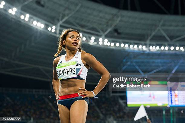 Summer Olympics: View of Great Britain Jazmin Sawyers after the Women's Long Jump Final at the Olympic Stadium. Rio de Janeiro, Brazil 8/17/2016...