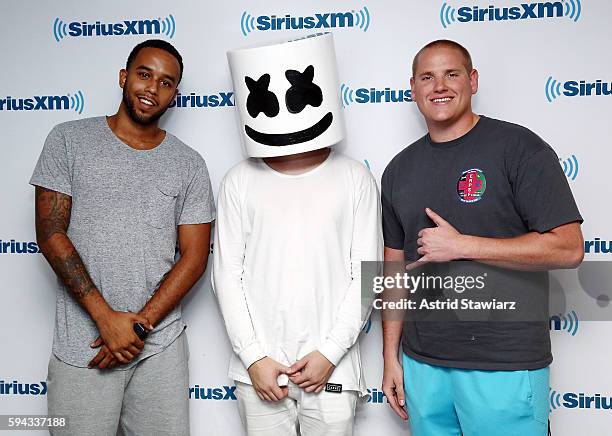 Anthony Sadler, EDM artist Marshmello and Spencer Stone visit the SiriusXM Studios on August 22, 2016 in New York City.