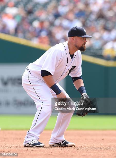 Casey McGehee of the Detroit Tigers fields during the game against the Boston Red Sox at Comerica Park on August 18, 2016 in Detroit, Michigan. The...