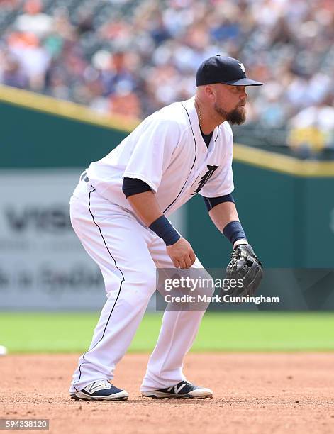 Casey McGehee of the Detroit Tigers fields during the game against the Boston Red Sox at Comerica Park on August 18, 2016 in Detroit, Michigan. The...