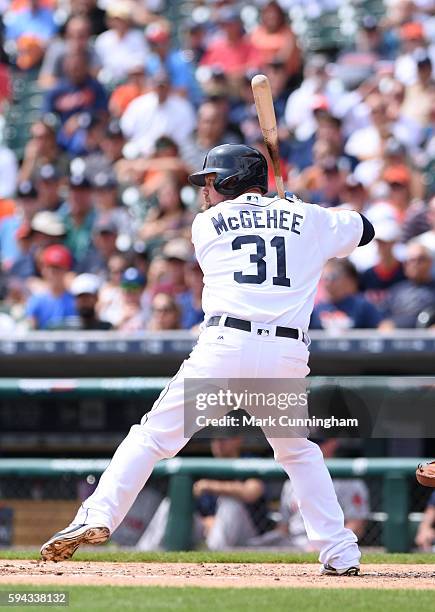 Casey McGehee of the Detroit Tigers bats during the game against the Boston Red Sox at Comerica Park on August 18, 2016 in Detroit, Michigan. The...