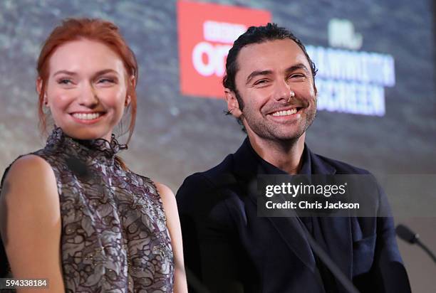 Actor Aidan Turne and actress Eleanor Tomlinson in a question and answer session after a screening of Poldark Series 2 at the BFI on August 22, 2016...