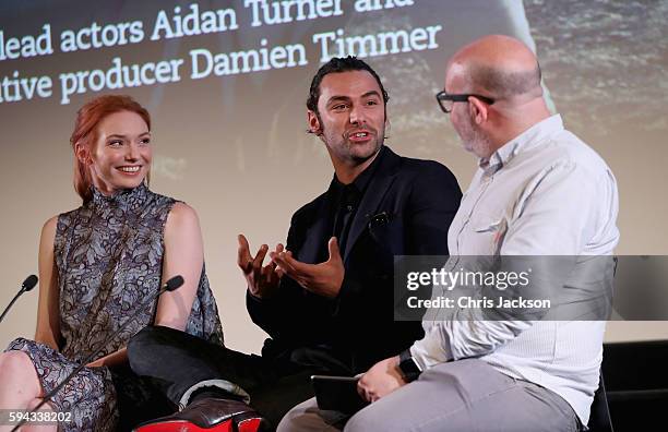 Actor Aidan Turne and actress Eleanor Tomlinson in a question and answer session after a screening of Poldark Series 2 at the BFI on August 22, 2016...