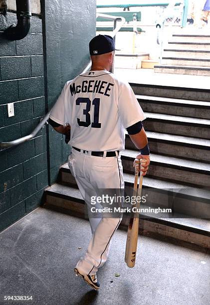 Casey McGehee of the Detroit Tigers walks up the dugout steps prior to the game against the Boston Red Sox at Comerica Park on August 18, 2016 in...