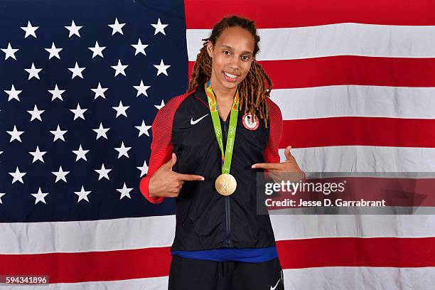 Brittney Griner of the USA Basketball Women's National Team poses after winning the Gold Medal at the Rio 2016 Olympic games on August 20, 2016. NOTE...