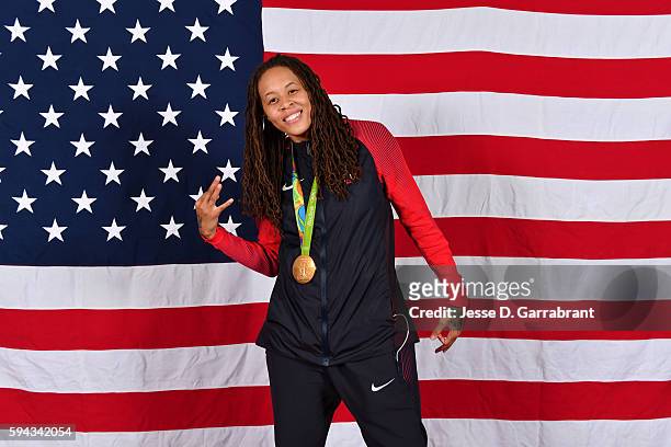 Seimone Augustus of the USA Basketball Women's National Team poses after winning the Gold Medal at the Rio 2016 Olympic games on August 20, 2016....