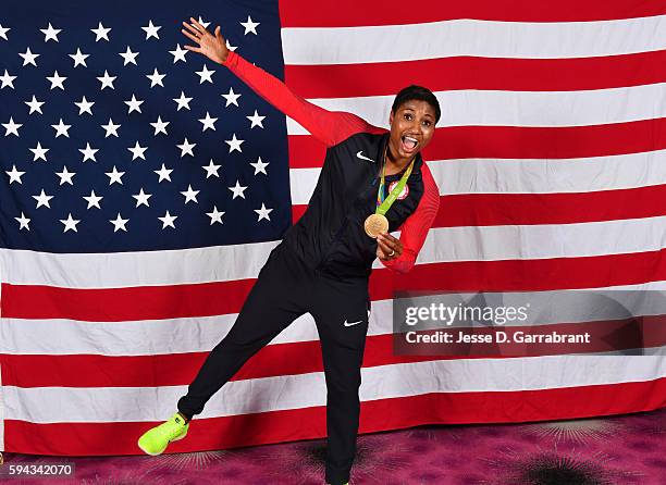 Angel McCoughtry of the USA Basketball Women's National Team poses after winning the Gold Medal at the Rio 2016 Olympic games on August 20, 2016....