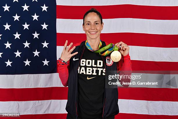 Sue Bird of the USA Basketball Women's National Team poses after winning the Gold Medal at the Rio 2016 Olympic games on August 20, 2016. NOTE TO...