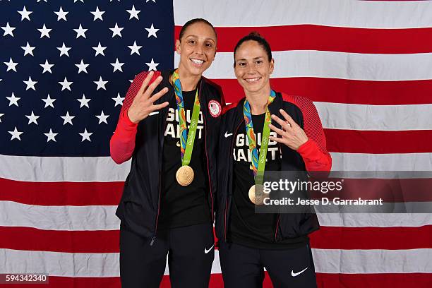 Diana Taurasi and Sue Bird of the USA Basketball Women's National Team pose after winning the Gold Medal at the Rio 2016 Olympic games on August 20,...