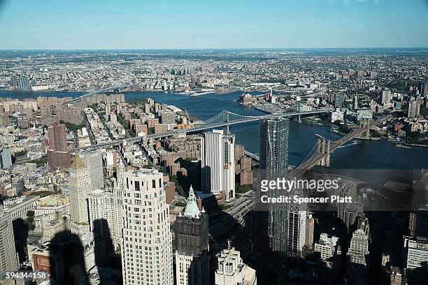 Manhattan, Brooklyn, and the Queens boroughs seen from One World Observatory at One World Trade Center on August 22, 2016 in New York City.The...