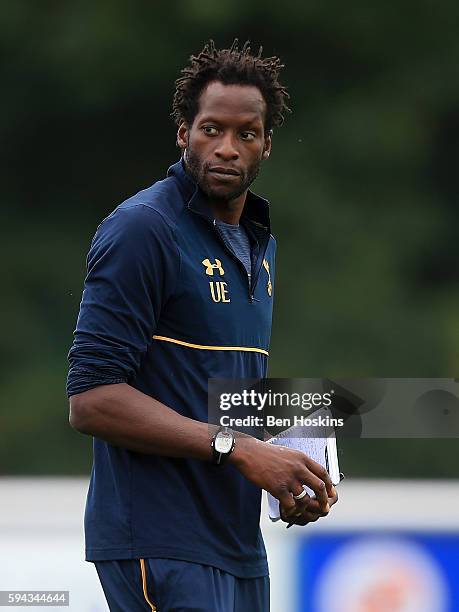 Tottenham manager Ugo Ehiogu looks on during the Premier League 2 match between Reading and Tottenham Hotspur on August 22, 2016 in Wokingham,...