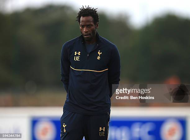 Tottenham manager Ugo Ehiogu looks on ahead of the Premier League 2 match between Reading and Tottenham Hotspur on August 22, 2016 in Wokingham,...