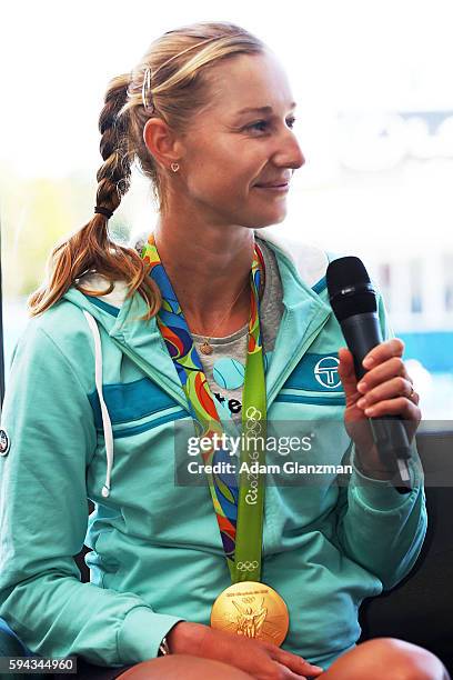 Ekaterina Makarova of Russia speaks during the 2016 Anthem Symposium on day 2 of the Connecticut Open at the Connecticut Tennis Center at Yale on...