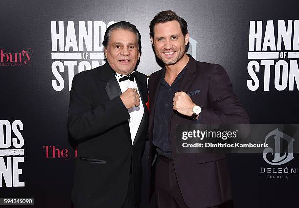 Roberto Duran and Edgar Ramirez attend the "Hands Of Stone" U.S. Premiere at SVA Theater on August 22, 2016 in New York City.