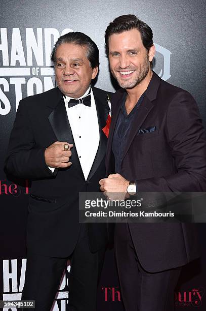 Roberto Duran and Edgar Ramirez attend the "Hands Of Stone" U.S. Premiere at SVA Theater on August 22, 2016 in New York City.
