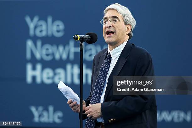 Yale University president Peter Salovey speaks during the opening ceremony on day 2 of the Connecticut Open at the Connecticut Tennis Center at Yale...