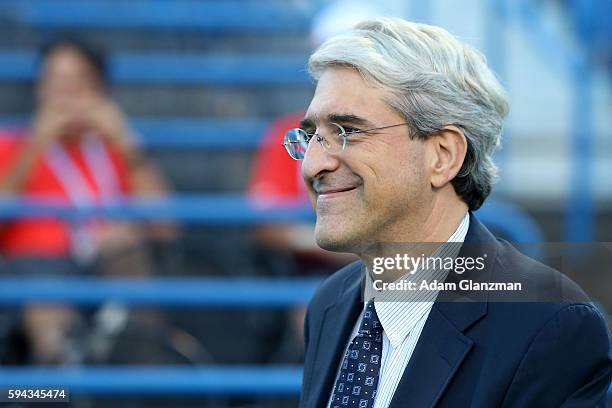 Yale University president Peter Salovey looks on during the opening ceremony on day 2 of the Connecticut Open at the Connecticut Tennis Center at...