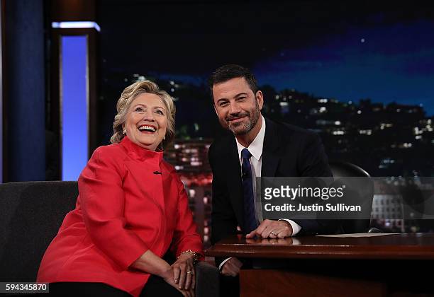 Democratic presidential nominee former Secretary of State Hillary Clinton talks with Jimmy Kimmel on the set of Jimmy Kimmel Live on August 22, 2016...