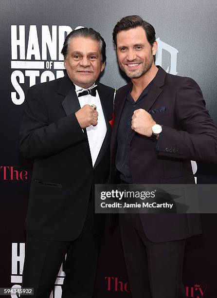 Roberto Duran and Edgar Ramirez attend the "Hands Of Stone" U.S. Premiere at SVA Theater on August 22, 2016 in New York City.