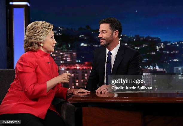 Democratic presidential nominee former Secretary of State Hillary Clinton talks with Jimmy Kimmel on the set of Jimmy Kimmel Live on August 22, 2016...