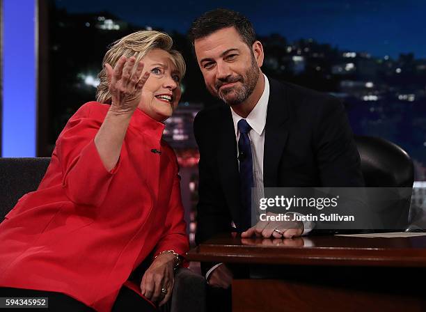 Democratic presidential nominee former Secretary of State Hillary Clinton talks with Jimmy Kimmel on the set of Jimmy Kimmel Live on August 22, 2016...