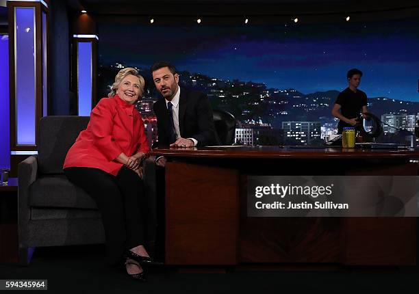 Democratic presidential nominee former Secretary of State Hillary Clinton talks with Jimmy Kimmel on the set of Jimmy Kimmel Live on August 22, 2016...