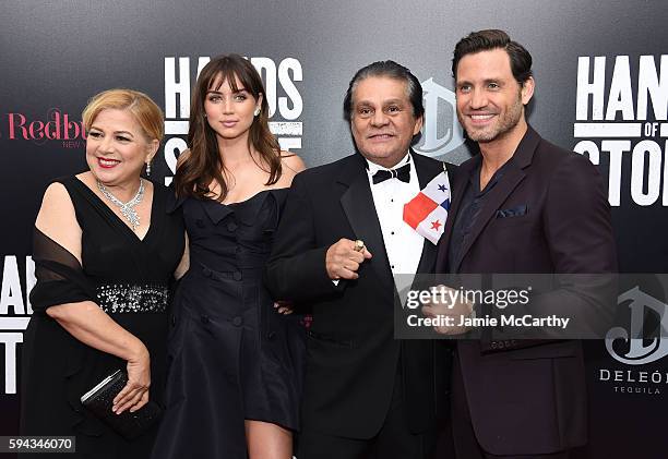 Felicidad Duran, Ana de Armas, Roberto Duran and Edgar Ramirez attend the "Hands Of Stone" U.S. Premiere at SVA Theater on August 22, 2016 in New...