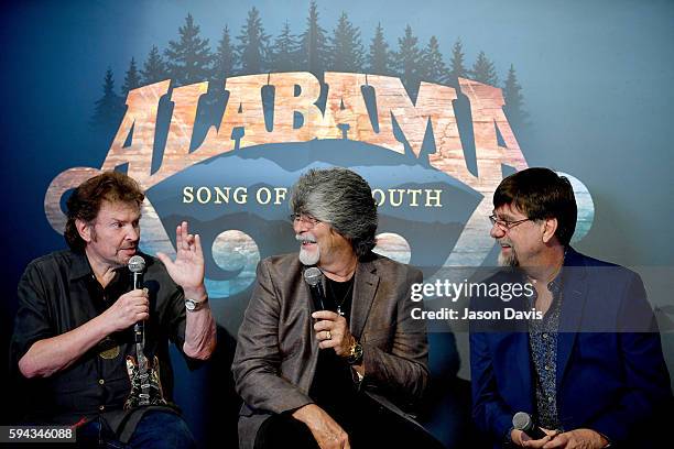 Jeff Cook, Randy Owen, and Teddy Gentry of the band Alabama speak during the debut of the "Alabama: Song of the South" exhibition at Country Music...