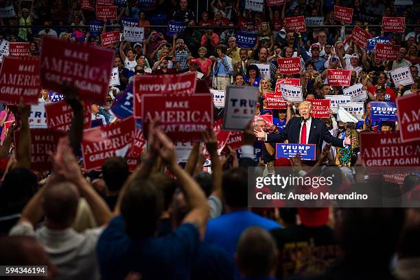 Republican Presidential candidate Donald Trump addresses supporters at the James A. Rhodes Arena on August 22, 2016 in Akron, Ohio. Trump currently...