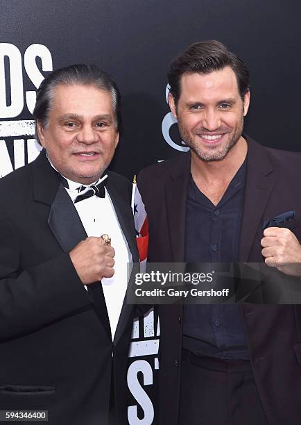 Former boxing champion Roberto Duran and actor Edgar Ramirez attend the "Hands Of Stone" U.S. Premiere at SVA Theater on August 22, 2016 in New York...