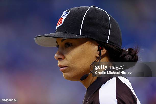 Referee Maia Chaka is seen before the Indianapolis Colts verses the Baltimore Ravens game at Lucas Oil Stadium on August 20, 2016 in Indianapolis,...