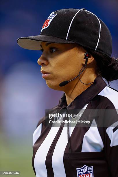 Referee Maia Chaka is seen before the Indianapolis Colts verses the Baltimore Ravens game at Lucas Oil Stadium on August 20, 2016 in Indianapolis,...