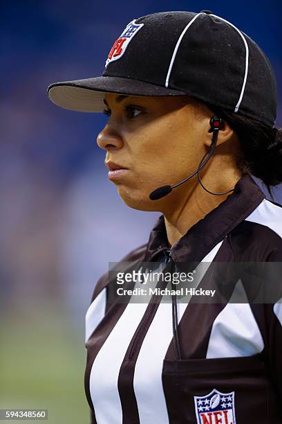 Referee Maia Chaka is seen before the Indianapolis Colts verses the Baltimore Ravens game at Lucas Oil Stadium on August 20, 2016 in Indianapolis,...