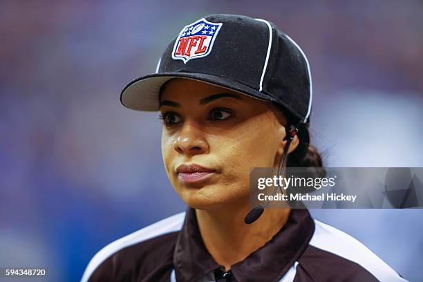 Referee Maia Chaka is seen before the Indianapolis Colts verses the Baltimore Ravens game at Lucas Oil Stadium on August 20, 2016 in Indianapolis,...