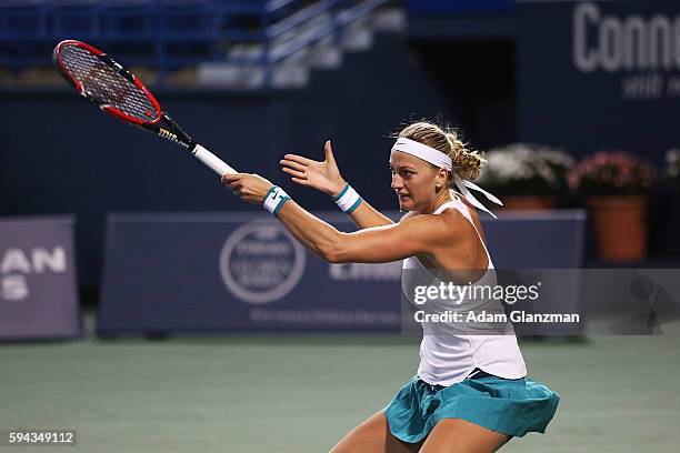 Petra Kvitova of the Czech Republic returns a shot during her match against Louisa Chirico of the United States on day 2 of the Connecticut Open at...