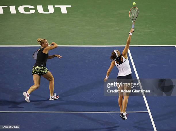 Timea Babos of Hungary and Yaroslava Shvedova of Kazakhstan during their doubles match against Caroline Wozniacki of Denmark and Klaudia Jans-Ignacik...