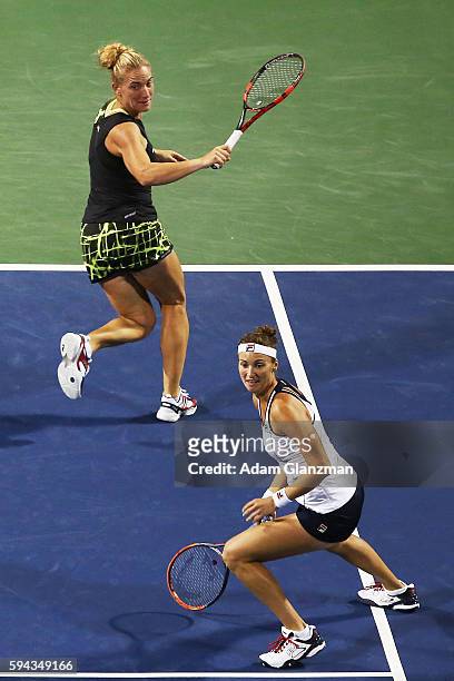 Timea Babos of Hungary and Yaroslava Shvedova of Kazakhstan during their doubles match against Caroline Wozniacki of Denmark and Klaudia Jans-Ignacik...