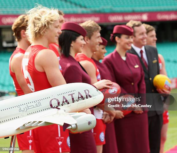 Swans players and Qatar Airways staff poses for the media during a Sydney Swans AFL media announcement at Sydney Cricket Ground on August 23, 2016 in...