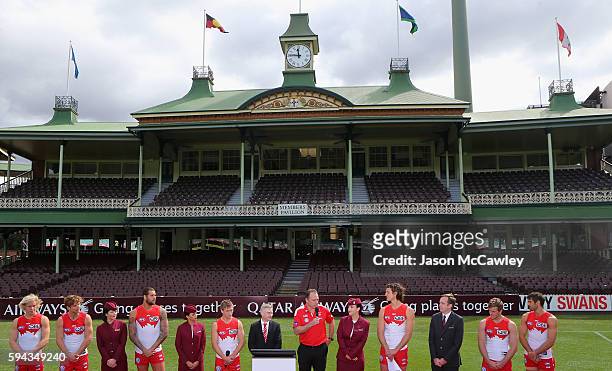 Swans head coach John Longmire speaks to the media during a Sydney Swans AFL media announcement at Sydney Cricket Ground on August 23, 2016 in...
