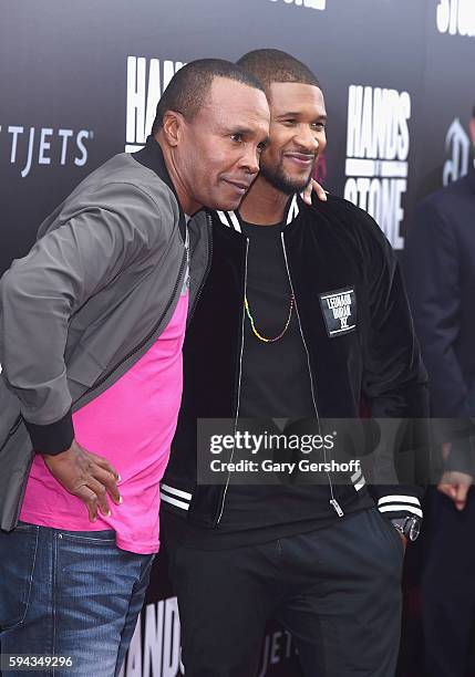 Former boxing champion Sugar ray Leonard and singer/actor Usher attend the "Hands Of Stone" U.S. Premiere at SVA Theater on August 22, 2016 in New...