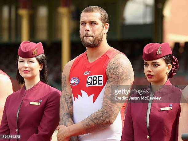 Lance Franklin of the Swans watches on during a Sydney Swans AFL media announcement at Sydney Cricket Ground on August 23, 2016 in Sydney, Australia.