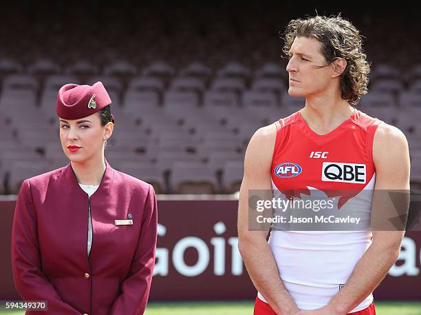 Kurt Tippett of the Swans watches on during a Sydney Swans AFL media announcement at Sydney Cricket Ground on August 23, 2016 in Sydney, Australia.