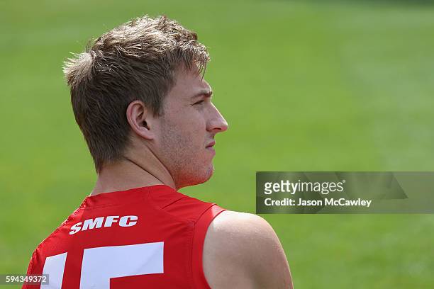 Kieren Jack of the Swans watches on during a Sydney Swans AFL media announcement at Sydney Cricket Ground on August 23, 2016 in Sydney, Australia.