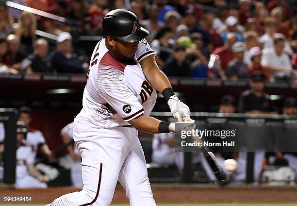 Yasmany Tomas of the Arizona Diamondbacks hits a two run home run off of Mike Foltynewicz of the Atlanta Braves during the third inning at Chase...