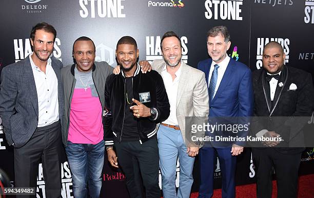 Ben Silverman, Sugar Ray Leonard, Usher, Jay Weisleder and Pedro Perez attend the "Hands Of Stone" U.S. Premiere at SVA Theater on August 22, 2016 in...