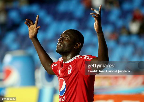 Cristian Martinez Borja of America de Cali celebrates after scoring the fifth goal of his team during a match between America de Cali and Atletico FC...