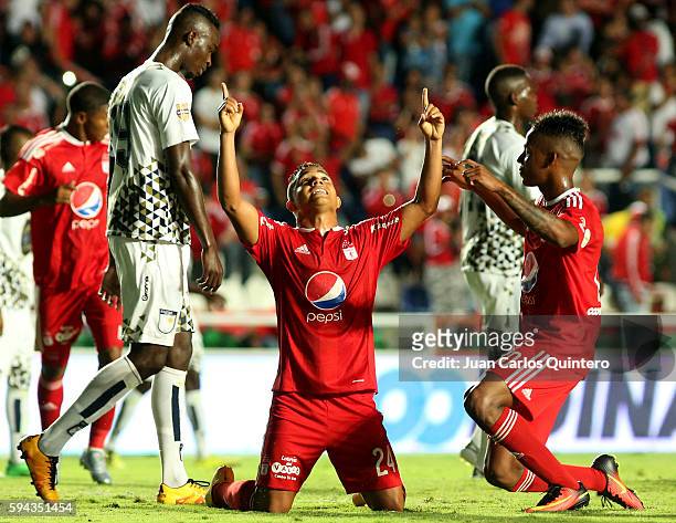 Feiver Mercado of America de Cali celebrates after scoring the fourth goal of his team during a match between America de Cali and Atletico FC as part...